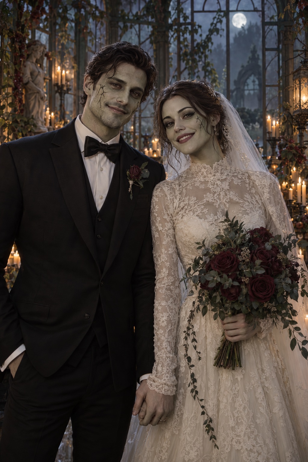 An original gothic zombie bride and groom in a romantic wedding scene