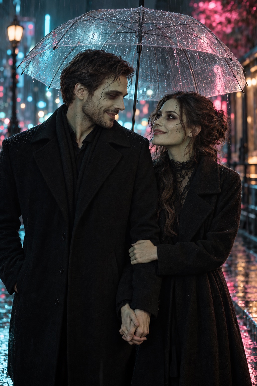 Two fictional adult zombie lovers under neon city lights