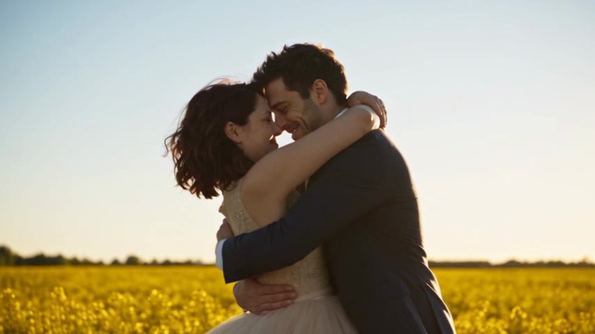 A generated sample of a fictional adult couple embracing in a bright flower field