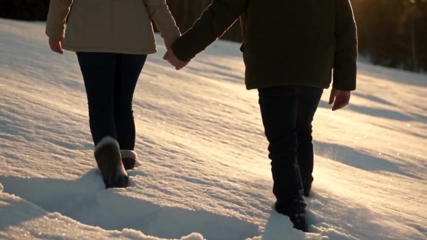 A generated sample of a fictional adult couple embracing in the snow